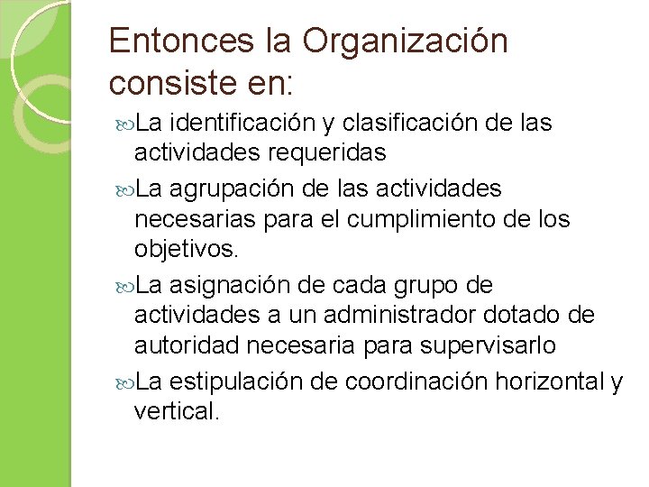 Entonces la Organización consiste en: La identificación y clasificación de las actividades requeridas La