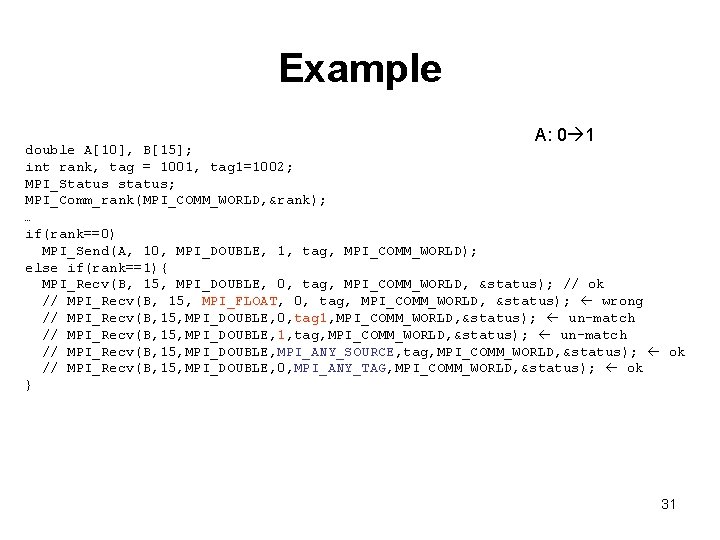 Example A: 0 1 double A[10], B[15]; int rank, tag = 1001, tag 1=1002;