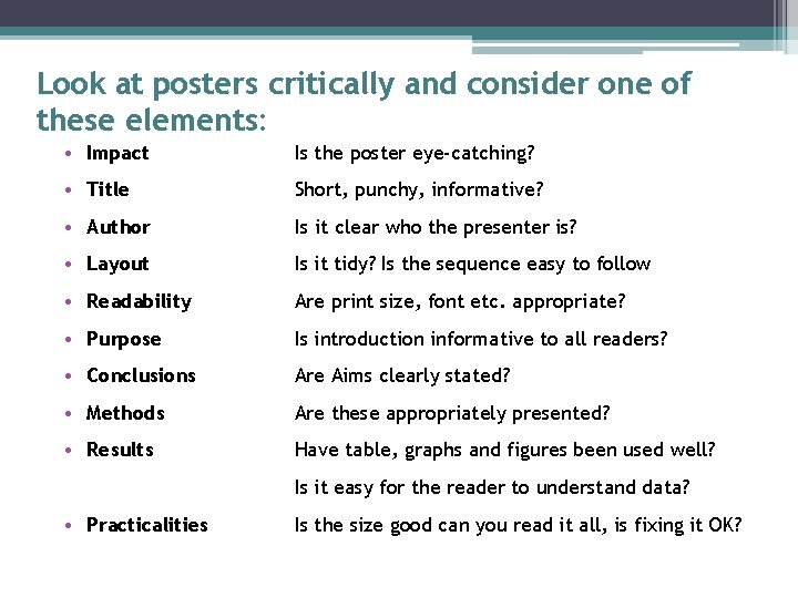 Look at posters critically and consider one of these elements: • Impact Is the