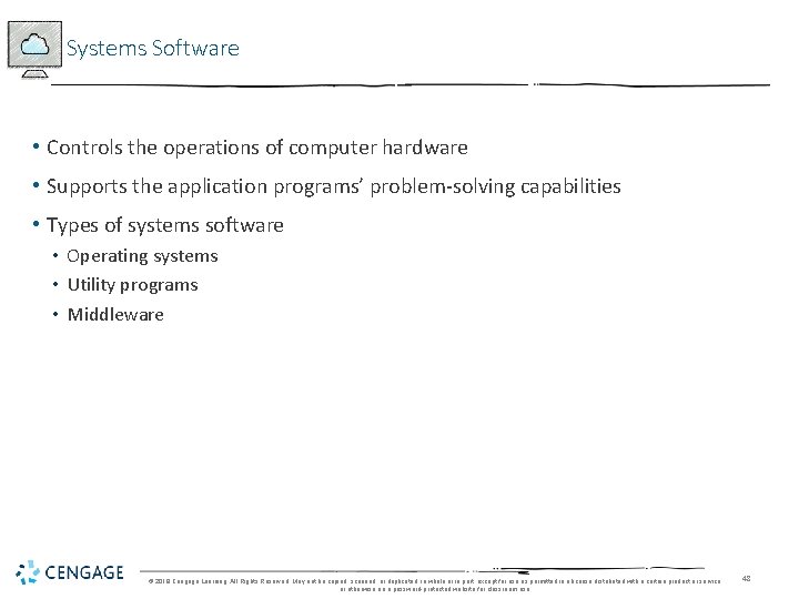 Systems Software • Controls the operations of computer hardware • Supports the application programs’