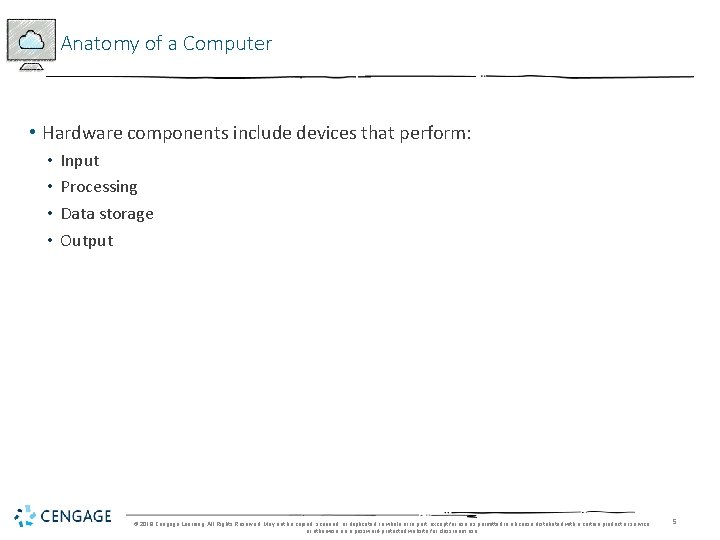 Anatomy of a Computer • Hardware components include devices that perform: • • Input