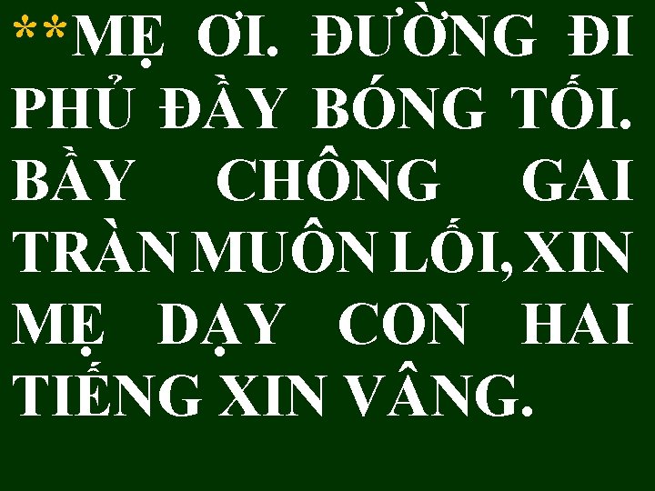 **MẸ ƠI. ĐƯỜNG ĐI PHỦ ĐẦY BÓNG TỐI. BẦY CHÔNG GAI TRÀN MUÔN LỐI,