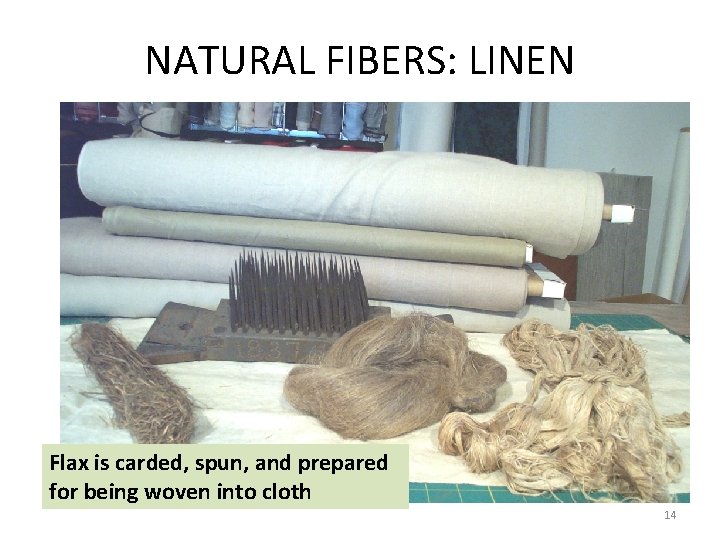 NATURAL FIBERS: LINEN Flax is carded, spun, and prepared for being woven into cloth