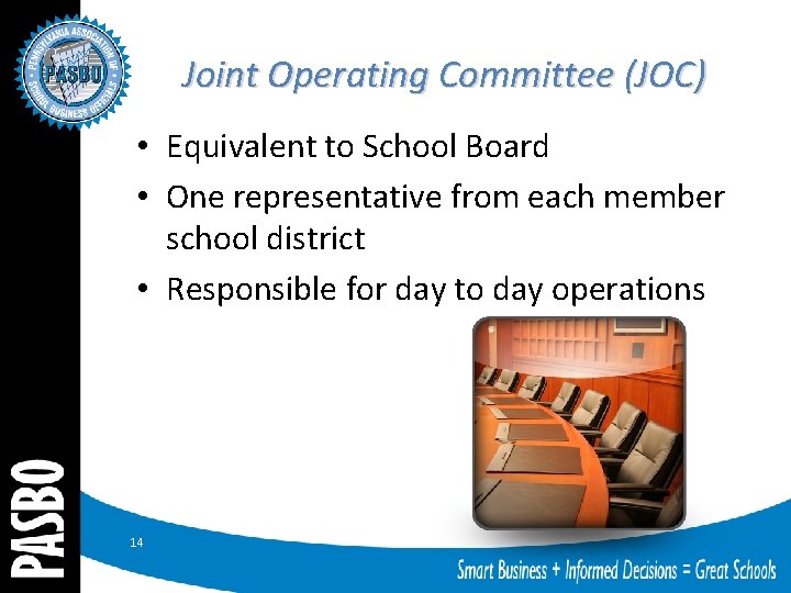 Joint Operating Committee (JOC) • Equivalent to School Board • One representative from each