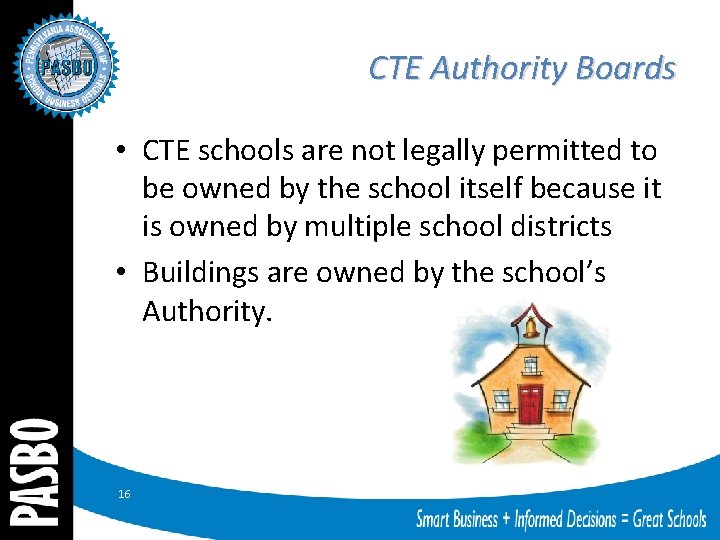 CTE Authority Boards • CTE schools are not legally permitted to be owned by