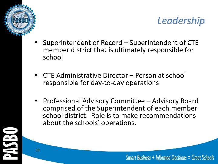 Leadership • Superintendent of Record – Superintendent of CTE member district that is ultimately