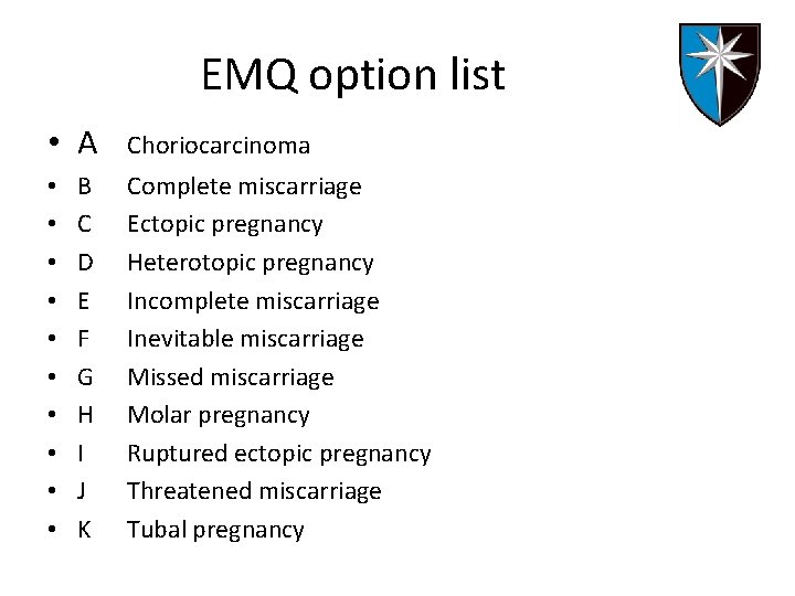 EMQ option list • A • • • B C D E F G