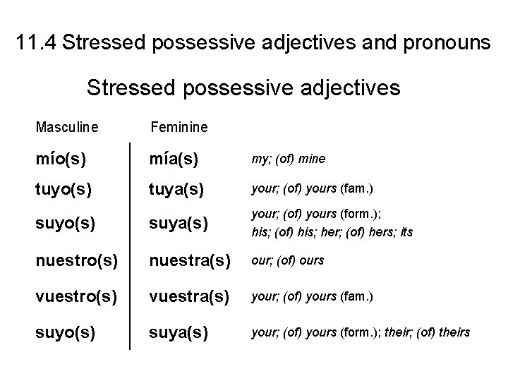 11. 4 Stressed possessive adjectives and pronouns Stressed possessive adjectives Masculine Feminine mío(s) mía(s)