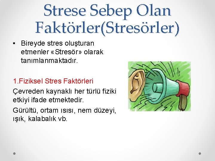 Strese Sebep Olan Faktörler(Stresörler) • Bireyde stres oluşturan etmenler «Stresör» olarak tanımlanmaktadır. 1. Fiziksel