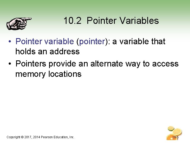 10. 2 Pointer Variables • Pointer variable (pointer): a variable that holds an address