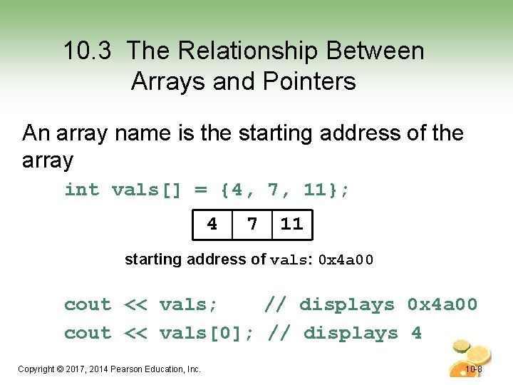 10. 3 The Relationship Between Arrays and Pointers An array name is the starting