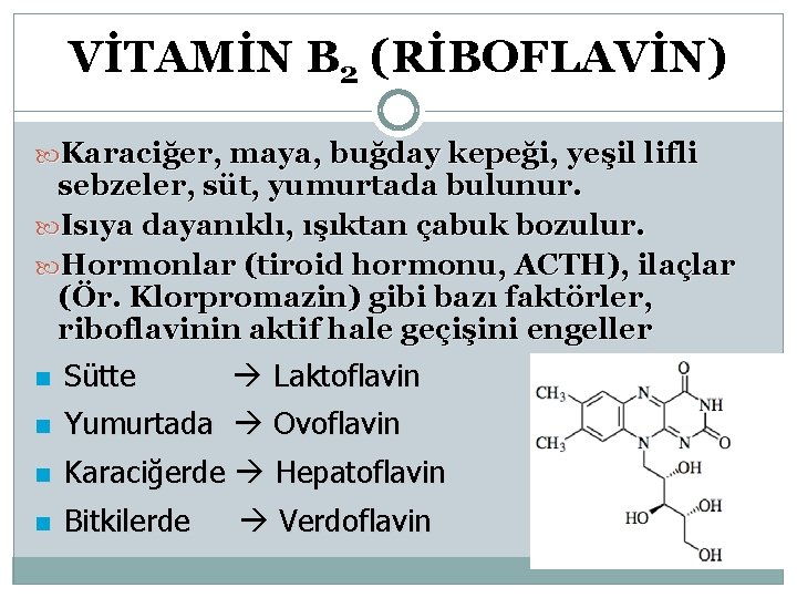 VİTAMİN B 2 (RİBOFLAVİN) Karaciğer, maya, buğday kepeği, yeşil lifli sebzeler, süt, yumurtada bulunur.