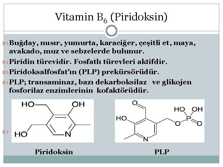 Vitamin B 6 (Piridoksin) Buğday, mısır, yumurta, karaciğer, çeşitli et, maya, avakado, muz ve