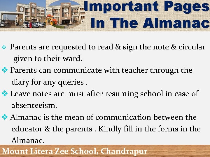 Important Pages In The Almanac Parents are requested to read & sign the note