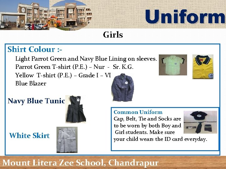 Girls Uniform Shirt Colour : Light Parrot Green and Navy Blue Lining on sleeves.