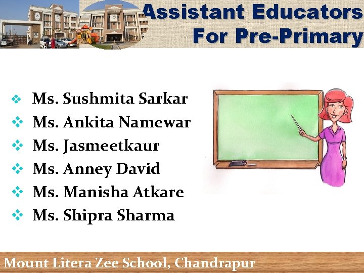 Assistant Educators For Pre-Primary Ms. Sushmita Sarkar v Ms. Ankita Namewar v Ms. Jasmeetkaur
