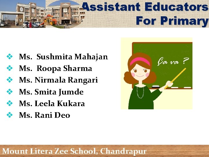 Assistant Educators For Primary v Ms. Sushmita Mahajan v Ms. Roopa Sharma v Ms.