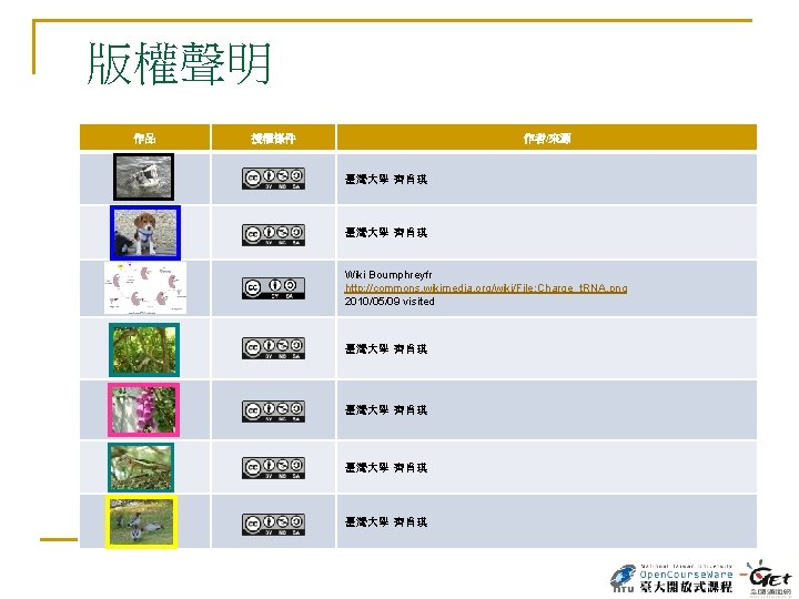版權聲明 作品 授權條件 作者/來源 臺灣大學 齊肖琪 Wiki Boumphreyfr http: //commons. wikimedia. org/wiki/File: Charge_t. RNA.