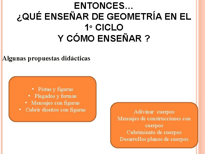 ENTONCES… ¿QUÉ ENSEÑAR DE GEOMETRÍA EN EL 1º CICLO Y CÓMO ENSEÑAR ? Algunas