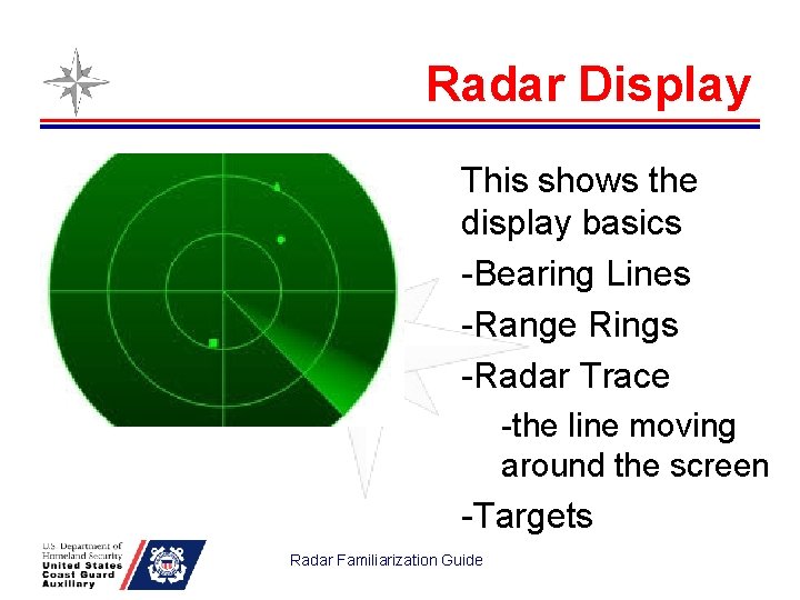 Radar Display This shows the display basics -Bearing Lines -Range Rings -Radar Trace -the