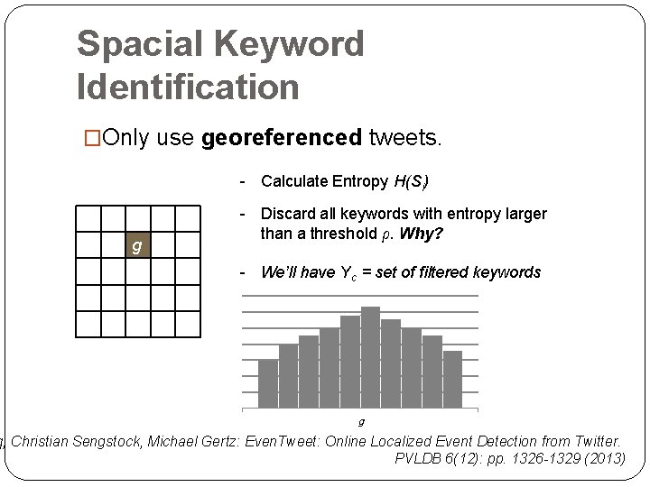 Spacial Keyword Identification �Only use georeferenced tweets. - Calculate Entropy H(Si) g - Discard