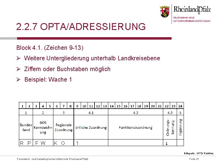 2. 2. 7 OPTA/ADRESSIERUNG Block 4. 1. (Zeichen 9 -13) Ø Weitere Untergliederung unterhalb