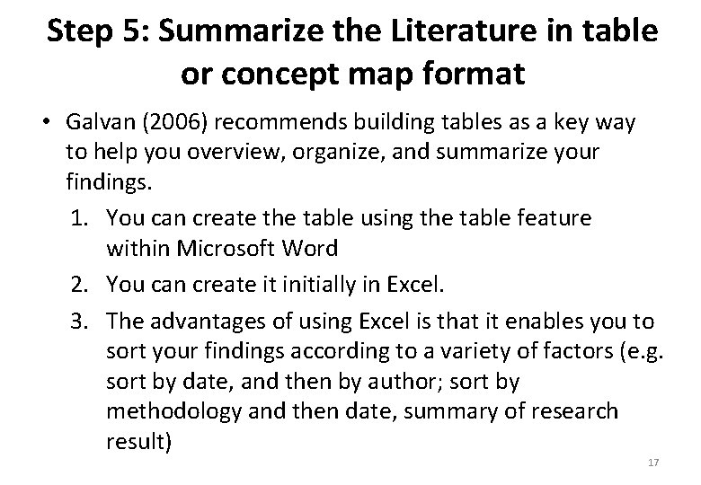 Step 5: Summarize the Literature in table or concept map format • Galvan (2006)
