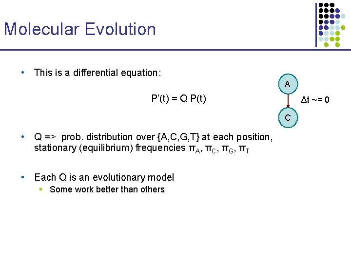 Molecular Evolution • This is a differential equation: A P’(t) = Q P(t) Δt