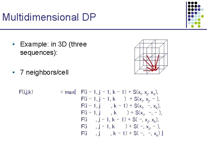 Multidimensional DP • Example: in 3 D (three sequences): • 7 neighbors/cell F(i, j,