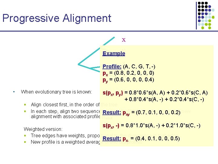 Progressive Alignment x y Example z Profile: (A, C, G, T, -) px =