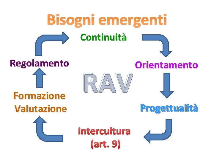 Bisogni emergenti Continuità Regolamento Formazione Valutazione RAV Orientamento Progettualità Intercultura (art. 9) 