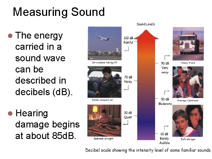 Measuring Sound l The energy carried in a sound wave can be described in