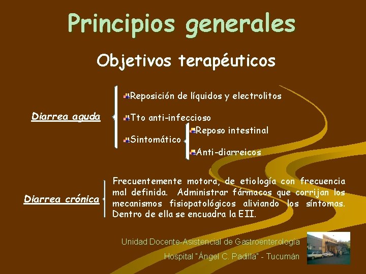 Principios generales Objetivos terapéuticos Reposición de líquidos y electrolitos Diarrea aguda Diarrea crónica Tto