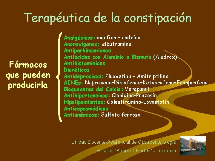 Terapéutica de la constipación Fármacos que pueden producirla Analgésicos: morfina – codeína Anorexígenos: sibutramina