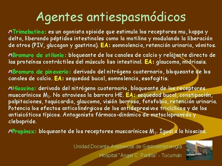 Agentes antiespasmódicos Trimebutina: es un agonista opioide que estimula los receptores mu, kappa y