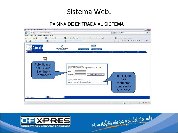 Sistema Web. PAGINA DE ENTRADA AL SISTEMA Autenticación del usuario. Nombre y Contraseña Instrucciones