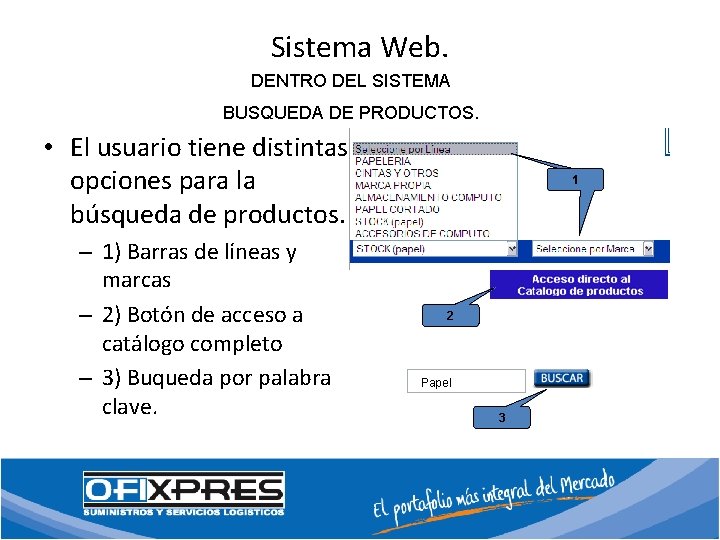 Sistema Web. DENTRO DEL SISTEMA BUSQUEDA DE PRODUCTOS. • El usuario tiene distintas opciones