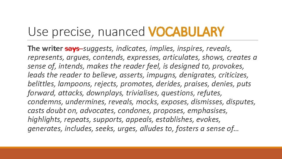 Use precise, nuanced VOCABULARY The writer says suggests, indicates, implies, inspires, reveals, represents, argues,