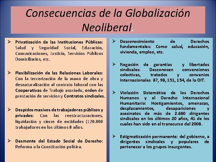 Consecuencias de la Globalización Neoliberal. Ø Privatización de las Instituciones Públicas: Salud y Seguridad