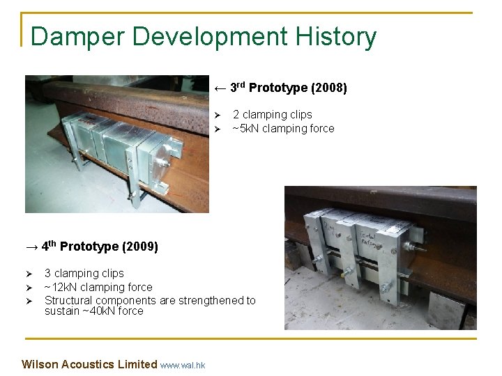 Damper Development History ← 3 rd Prototype (2008) Ø Ø 2 clamping clips ~5 Damper Development History ← 3 rd Prototype (2008) Ø Ø 2 clamping clips ~5