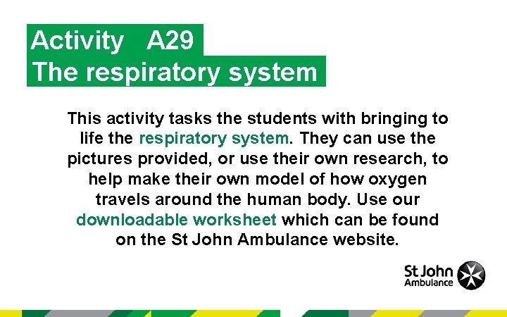 Activity A 29 The respiratory system This activity tasks the students with bringing to