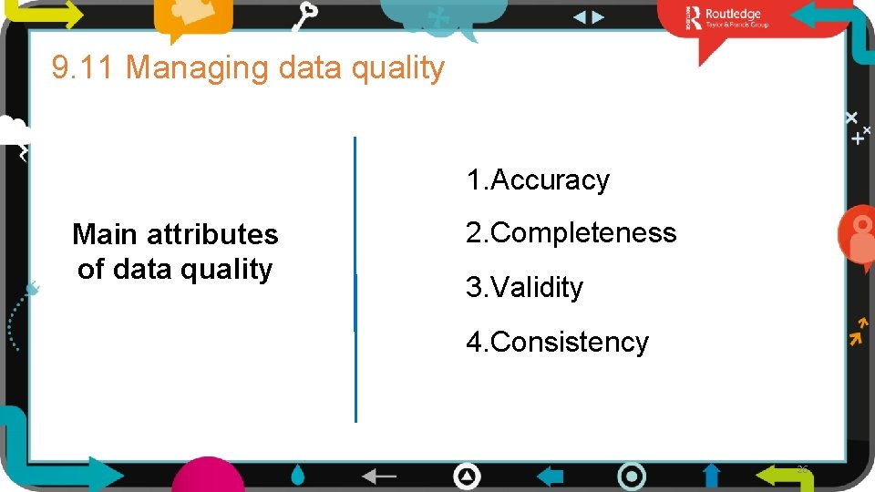 9. 11 Managing data quality 1. Accuracy Main attributes of data quality 2. Completeness