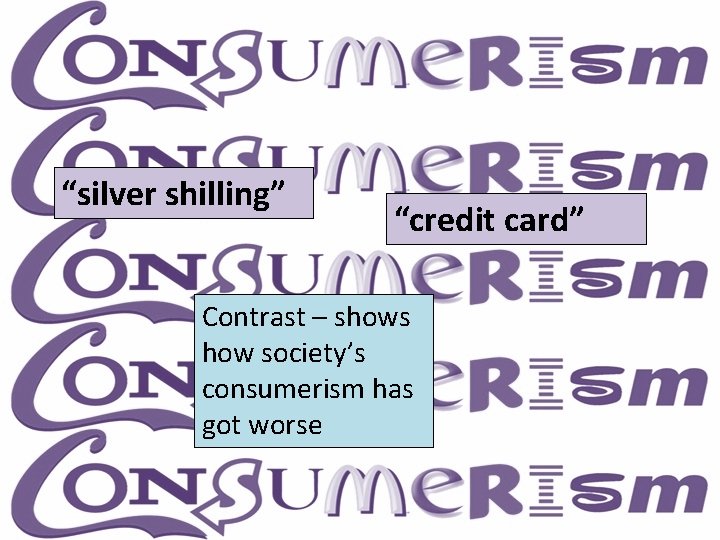 “silver shilling” “credit card” Contrast – shows how society’s consumerism has got worse 