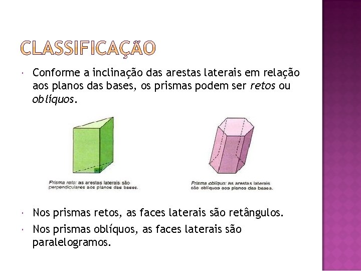  Conforme a inclinação das arestas laterais em relação aos planos das bases, os