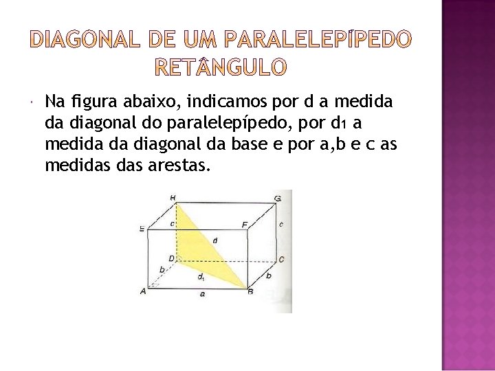  Na figura abaixo, indicamos por d a medida da diagonal do paralelepípedo, por