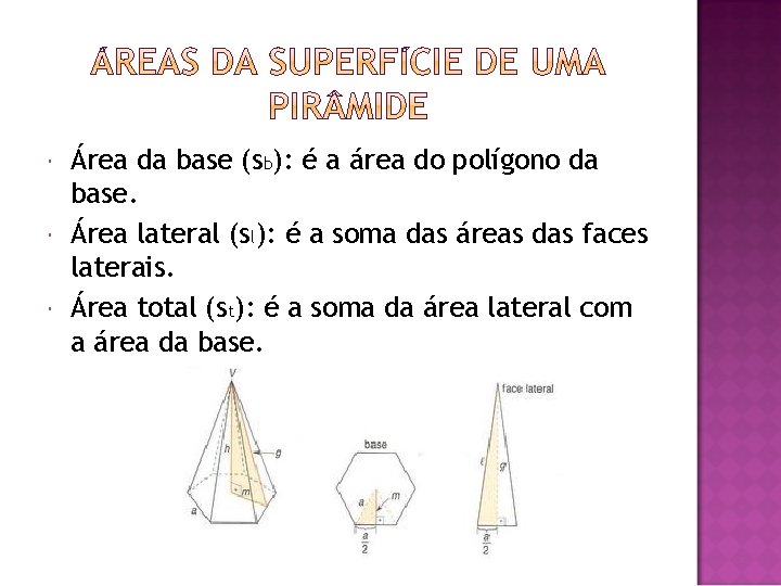  Área da base (sb): é a área do polígono da base. Área lateral