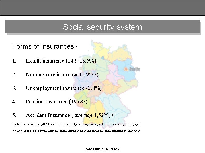 Social security system Forms of insurances: * 1. Health insurance (14. 9 -15. 5%)