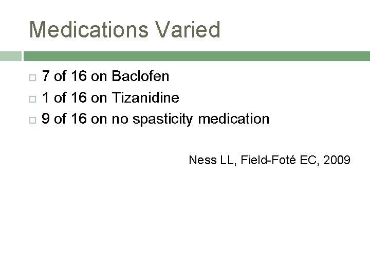 Medications Varied 7 of 16 on Baclofen 1 of 16 on Tizanidine 9 of