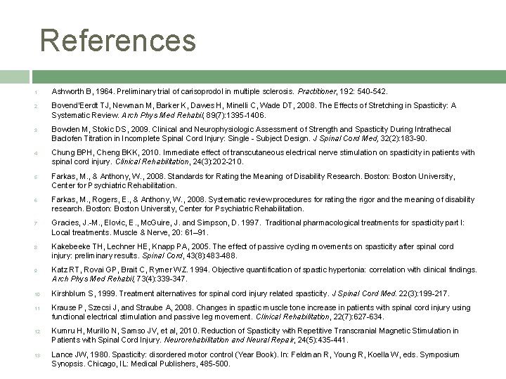 References 1. Ashworth B, 1964. Preliminary trial of carisoprodol in multiple sclerosis. Practitioner, 192: