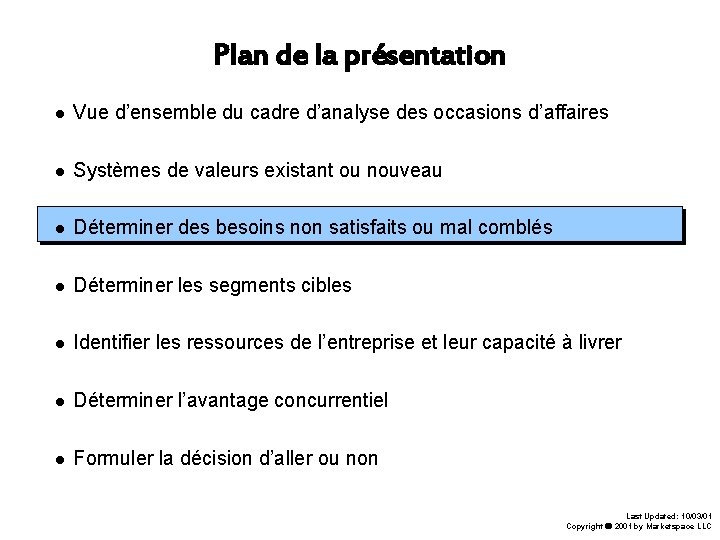 Plan de la présentation Vue d’ensemble du cadre d’analyse des occasions d’affaires Systèmes de